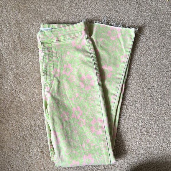 Zara High Rise Kick Flare Lime Green and Pink Floral Print Mod Jeans Size 4 - Picture 8 of 8